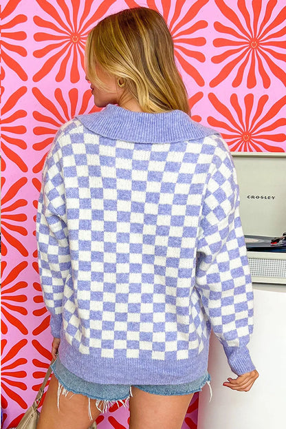 Purple Checkered Collared Buttons Plus Size Sweater - Chic Meadow Boutique 