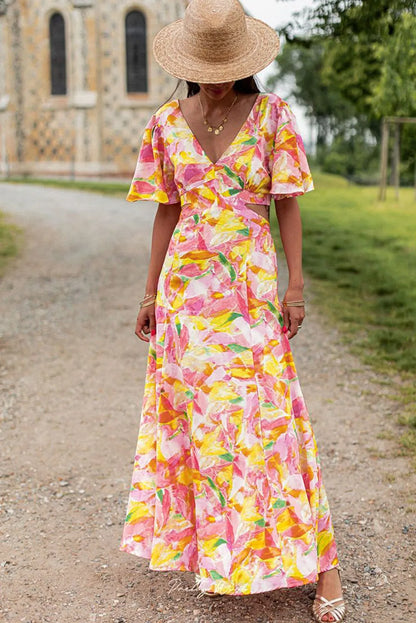 Pink Bohemian Flutter Sleeve Cut out Floral Maxi Dress - Chic Meadow Boutique 