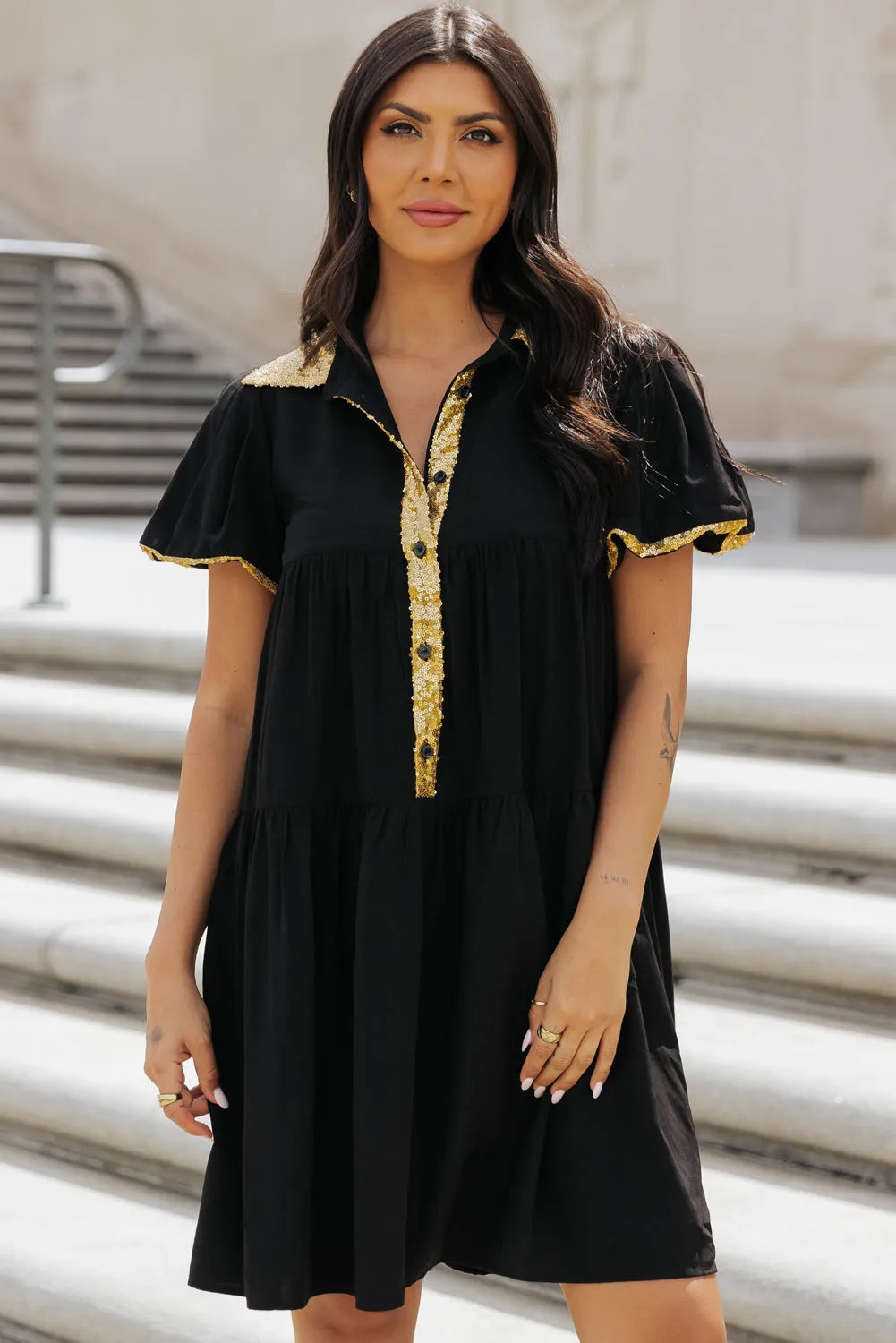 Black Sequin Trim Bubble Sleeve Game Day Shirt Dress - Chic Meadow Boutique 