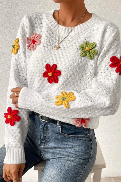 White Colorful Flower Applique Textured Knit Sweater - Chic Meadow Boutique 