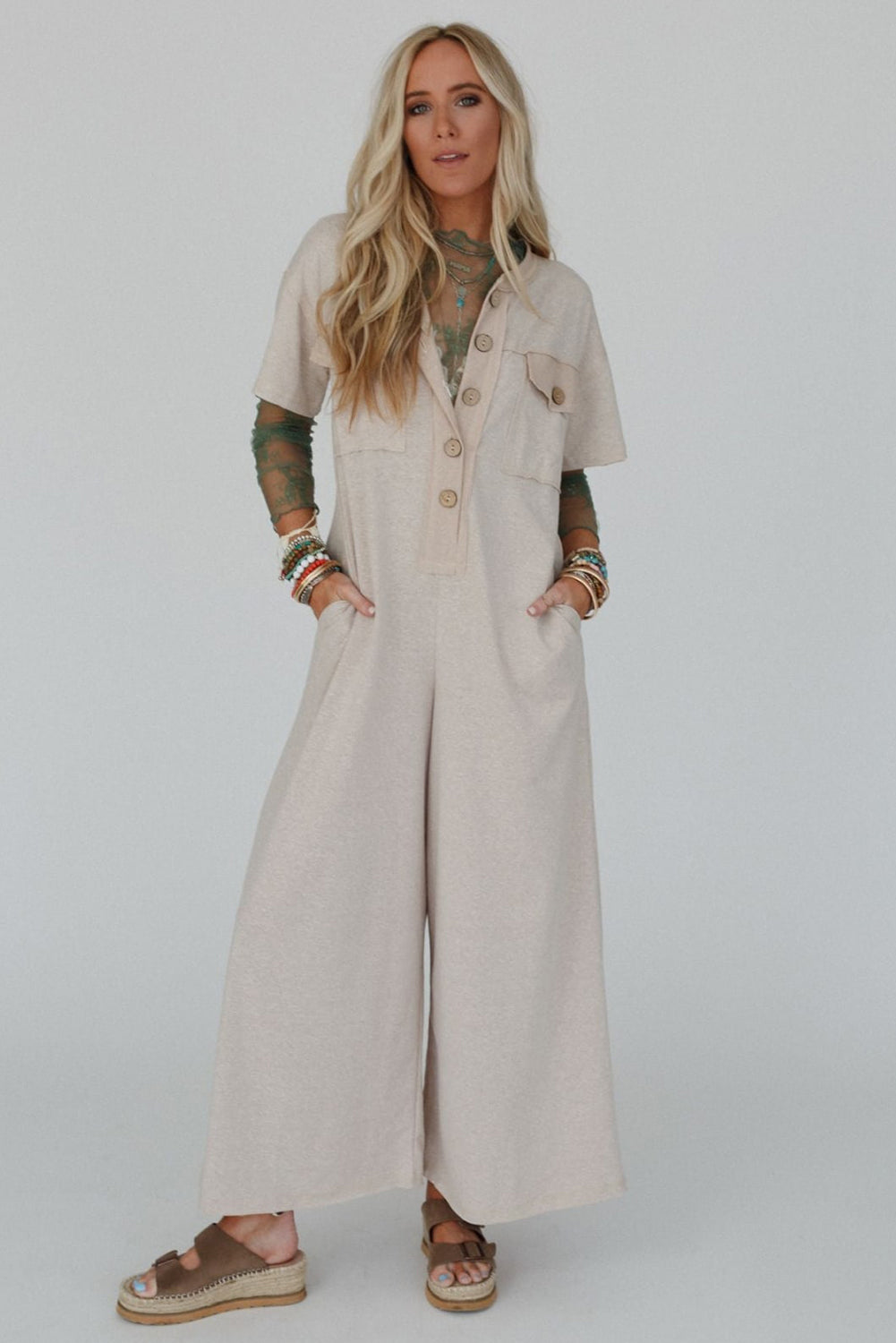 Beige Half Placket Chest Pockets Short Sleeve Wide Leg Jumpsuit