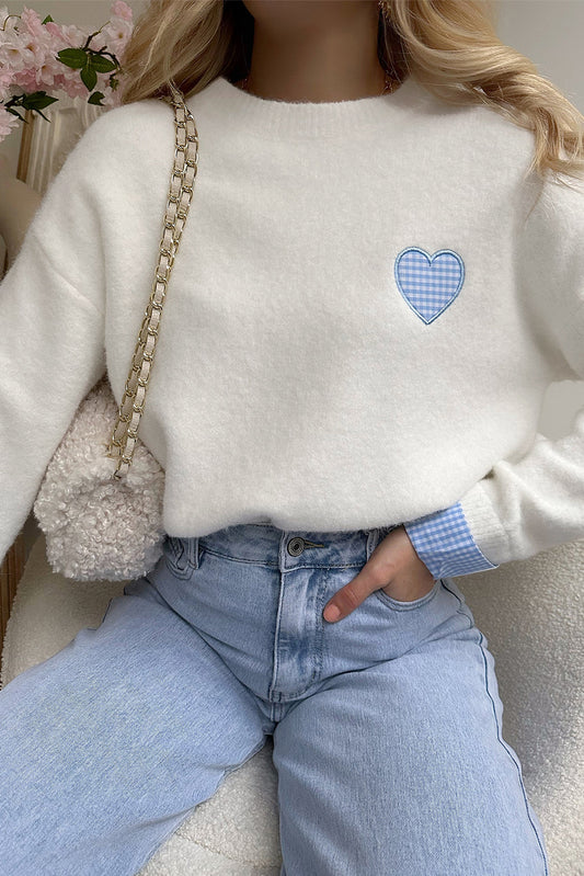 White Plaid Heart Embroidered Cuffed Drop Shoulder Crew Neck Sweater