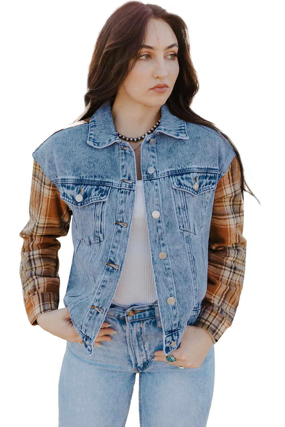 Sky Blue Medium Wash Plaid Sleeves Denim Jacket - Chic Meadow Boutique 