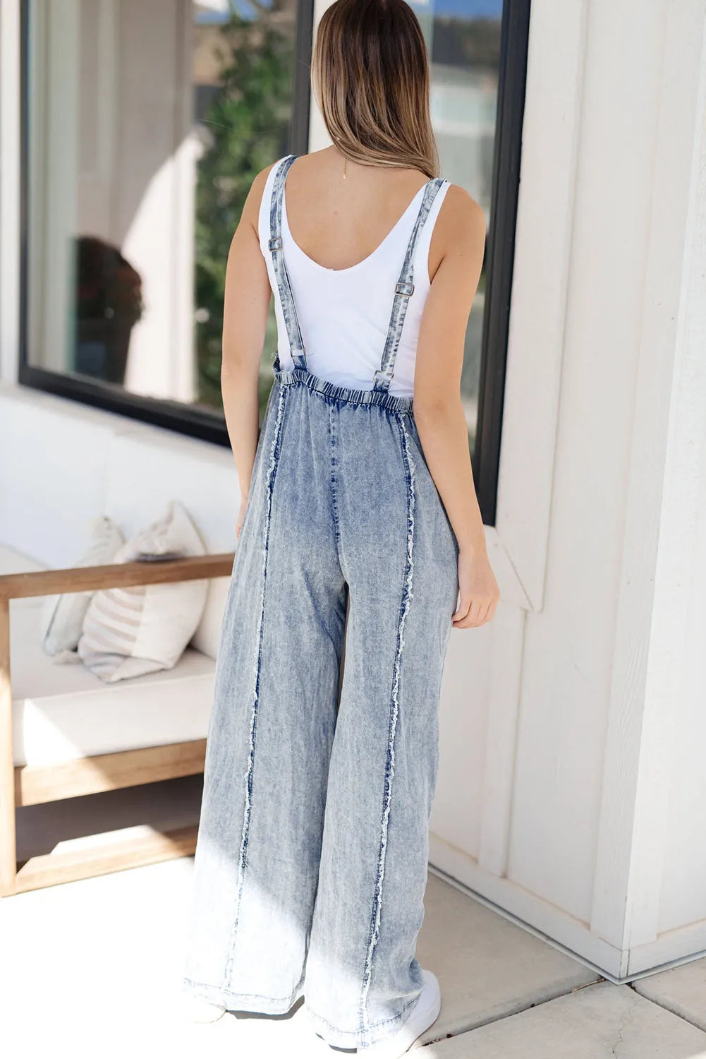 Beau Blue Light Wash Frayed Exposed Seam Wide Leg Denim Overall - Chic Meadow Boutique 