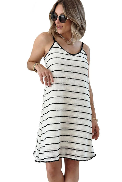 White Contrast Lace Trim Striped Knit Slip Dress - Chic Meadow Boutique 