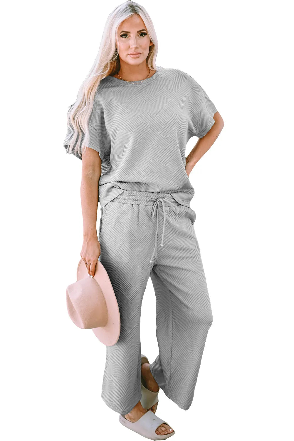 Gray Textured Loose Fit T Shirt and Drawstring Pants Set - Chic Meadow Boutique 