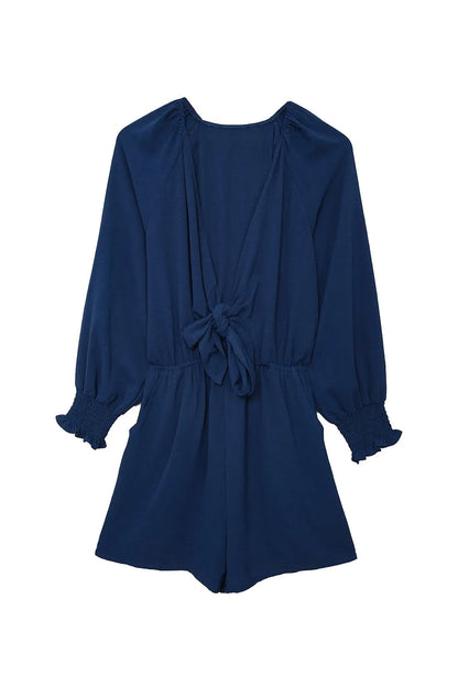 Navy Tie Knot Puff Long Sleeve Romper - Chic Meadow Boutique 