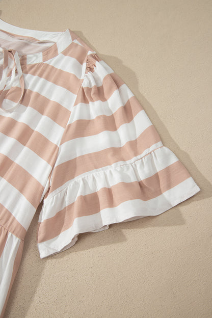 Khaki Stripe Tie V Neck Ruffle Trim Short Sleeve Flared Summer Dress