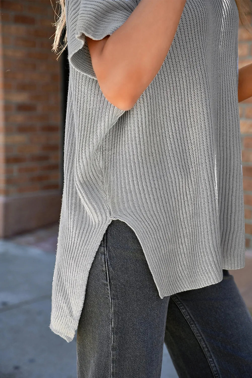 Gray Short Sleeve Side Slit Oversized Sweater - Chic Meadow Boutique 