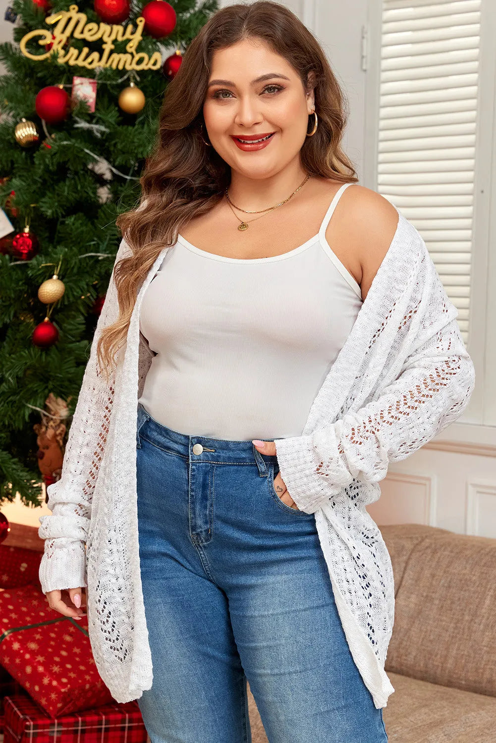 White Plus Size Eyelet Knit Open Front Cardigan - Chic Meadow Boutique 