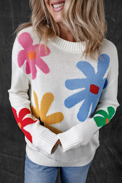 White Colorful Big Flower Pattern Crewneck Sweater - Chic Meadow Boutique 