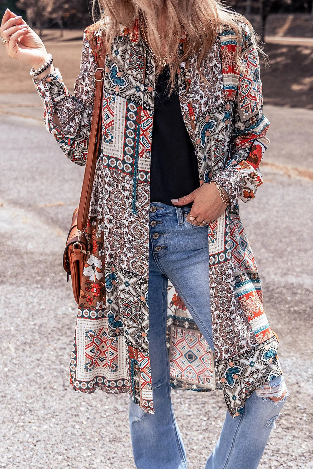 Multicolour Boho Mix Print Long Kimono - Chic Meadow Boutique 