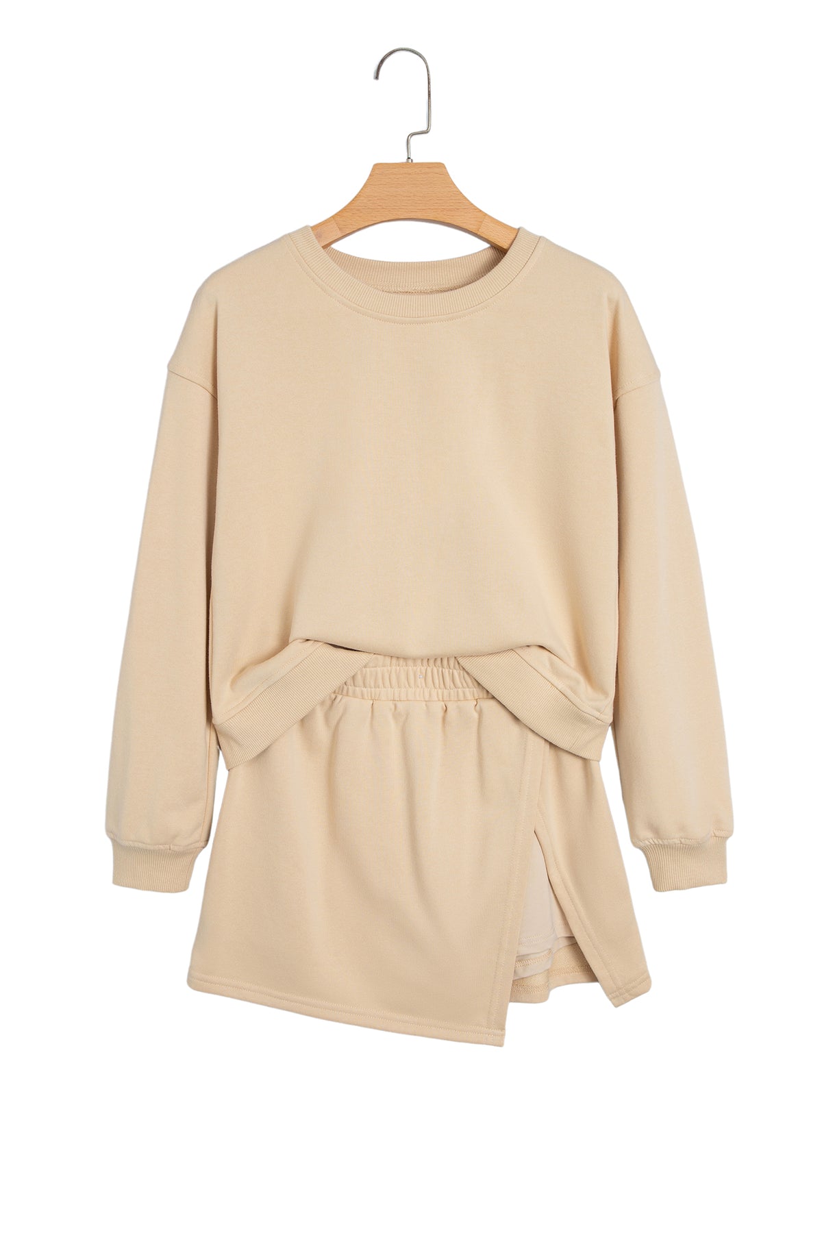 Parchment Solid Color Long Sleeve Top Split Skort 2pcs Outfit
