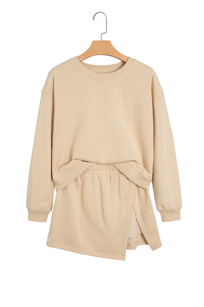 Parchment Solid Color Long Sleeve Top Split Skort 2pcs Outfit