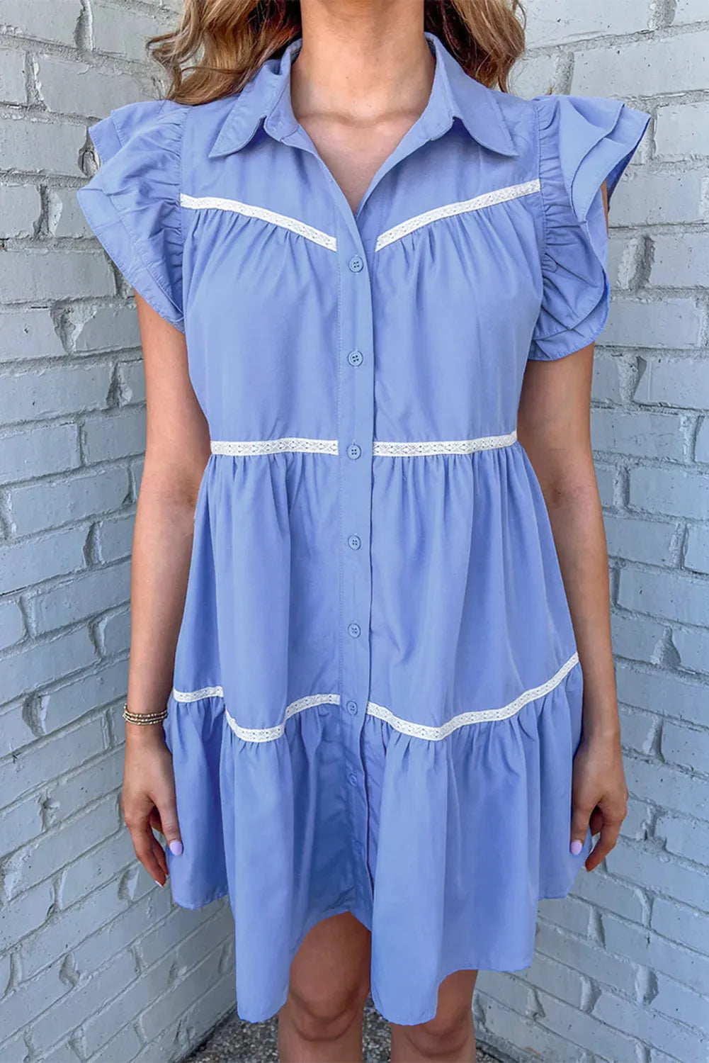 Sky Blue Lace Trim Accent Ruffled Tiered Dress - Chic Meadow Boutique 