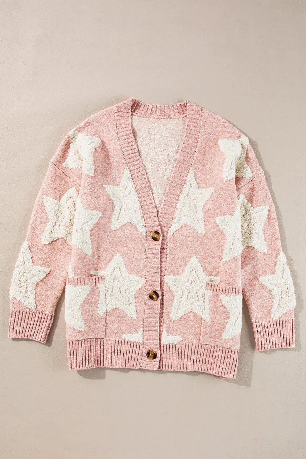 Pink Sherpa Star Pattern Textured Sweater Cardigan with Pockets - Chic Meadow Boutique 