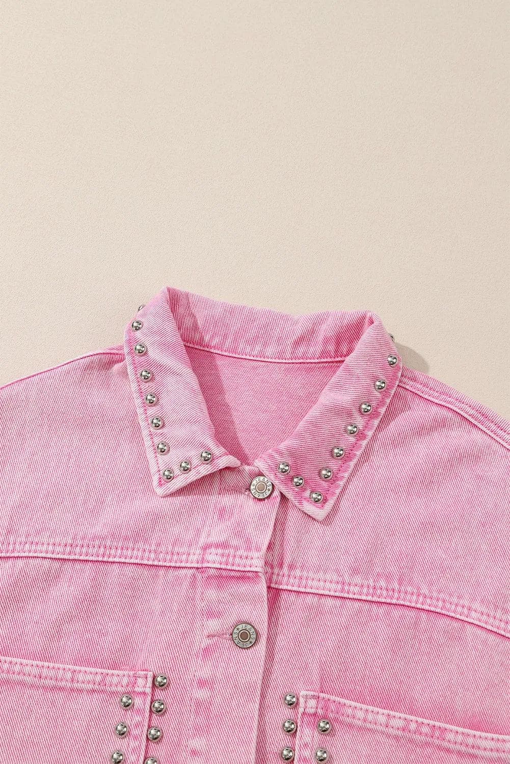 Outerwear/Denim jackets Pink Rivet Studded Pocketed Denim Jacket