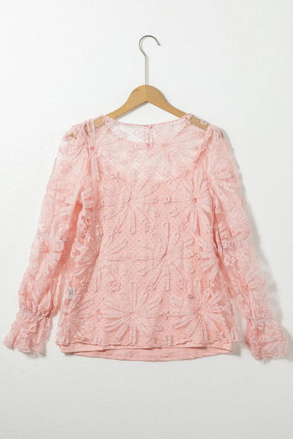 Tops/Blouses & Shirts Pink Flower Dotted Ruffled Sleeve Mesh Top