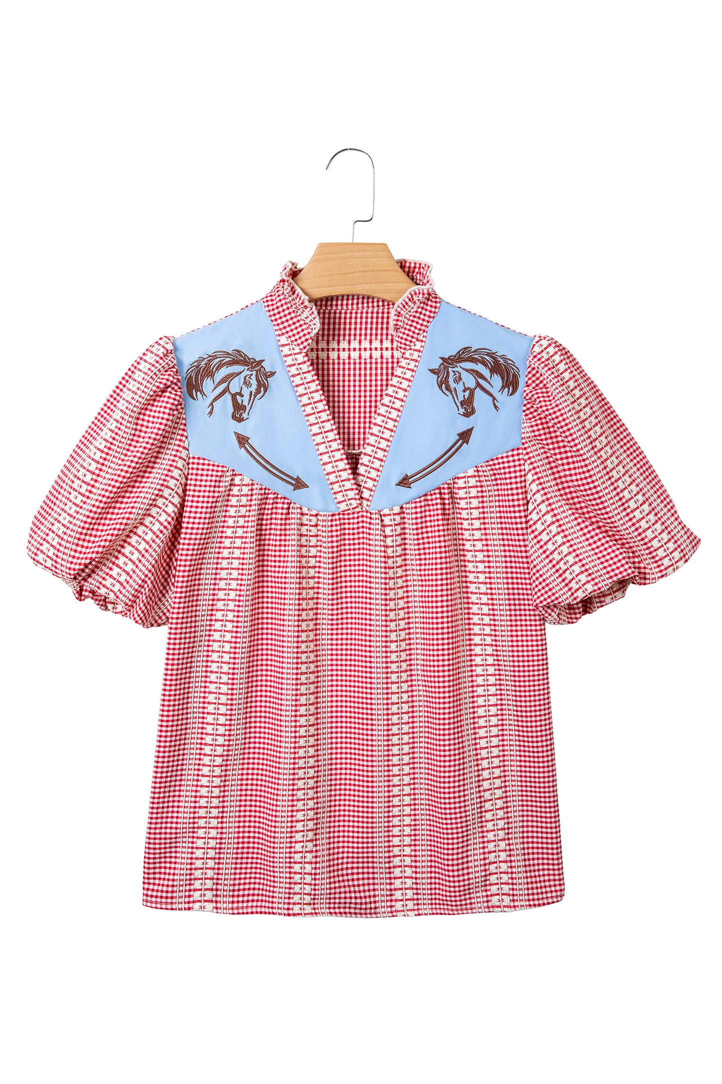 Red Western Pony Embroidered Yoke Puff Sleeve Gingham Blouse