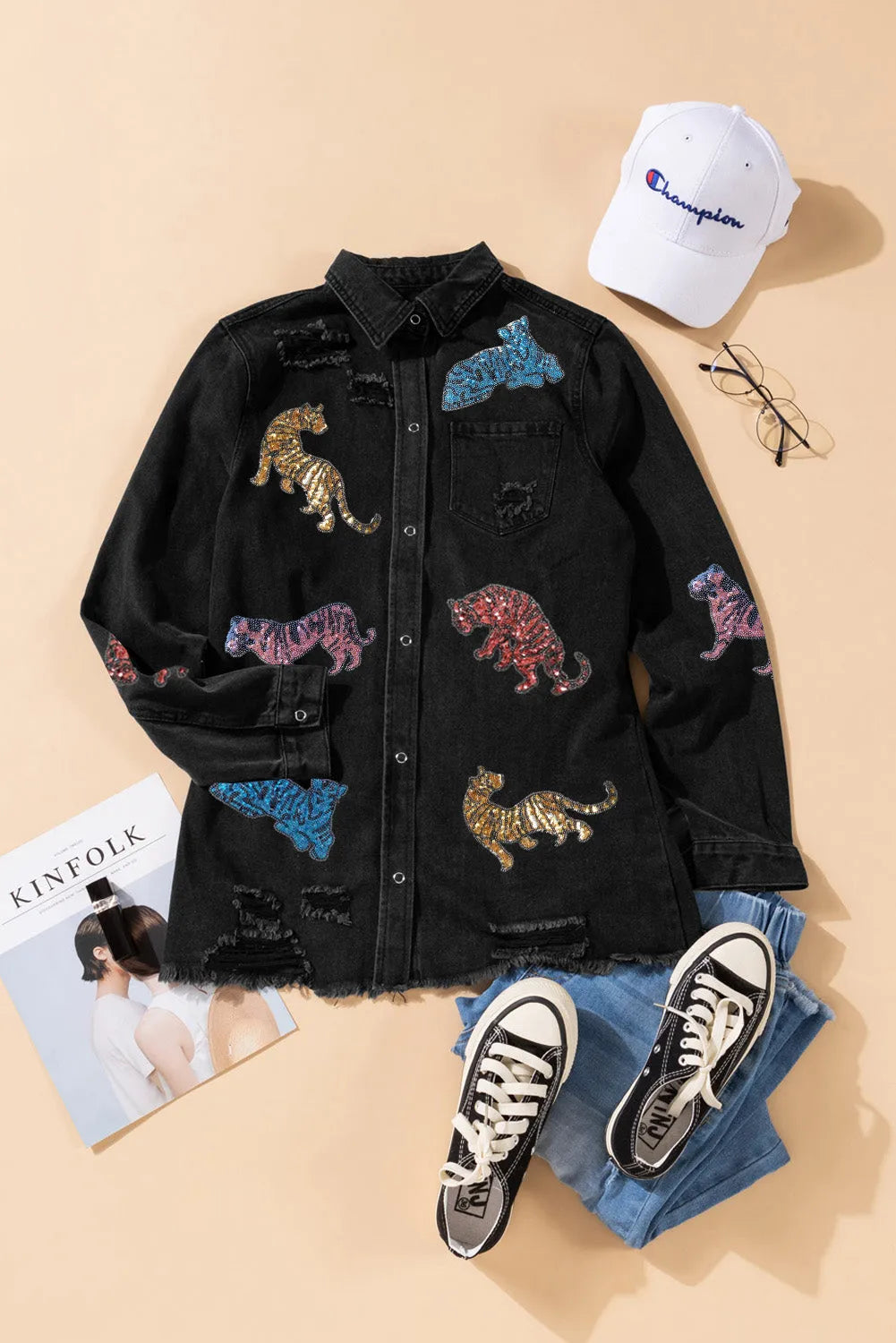 Black Sequined Tigers Graphic Raw Hem Frayed Denim Jacket - Chic Meadow Boutique 