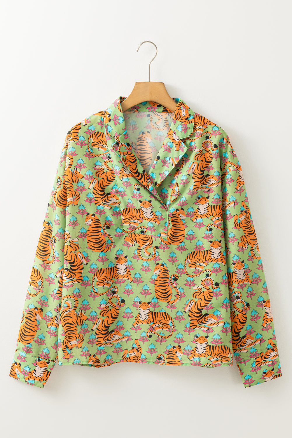 Green Tiger Floral Printed Collared V Neck Casual Shirt