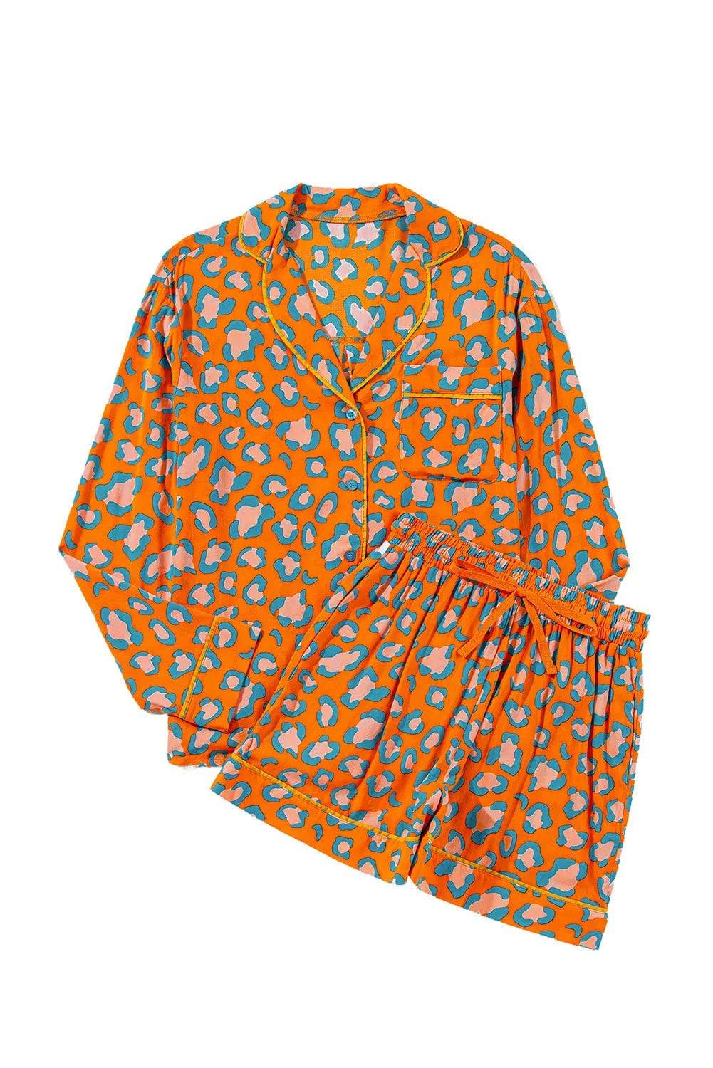 Loungewear & Sleepwear/Sleepwear Orange Leopard Print Long Sleeve Shirt and Shorts Pajama Set