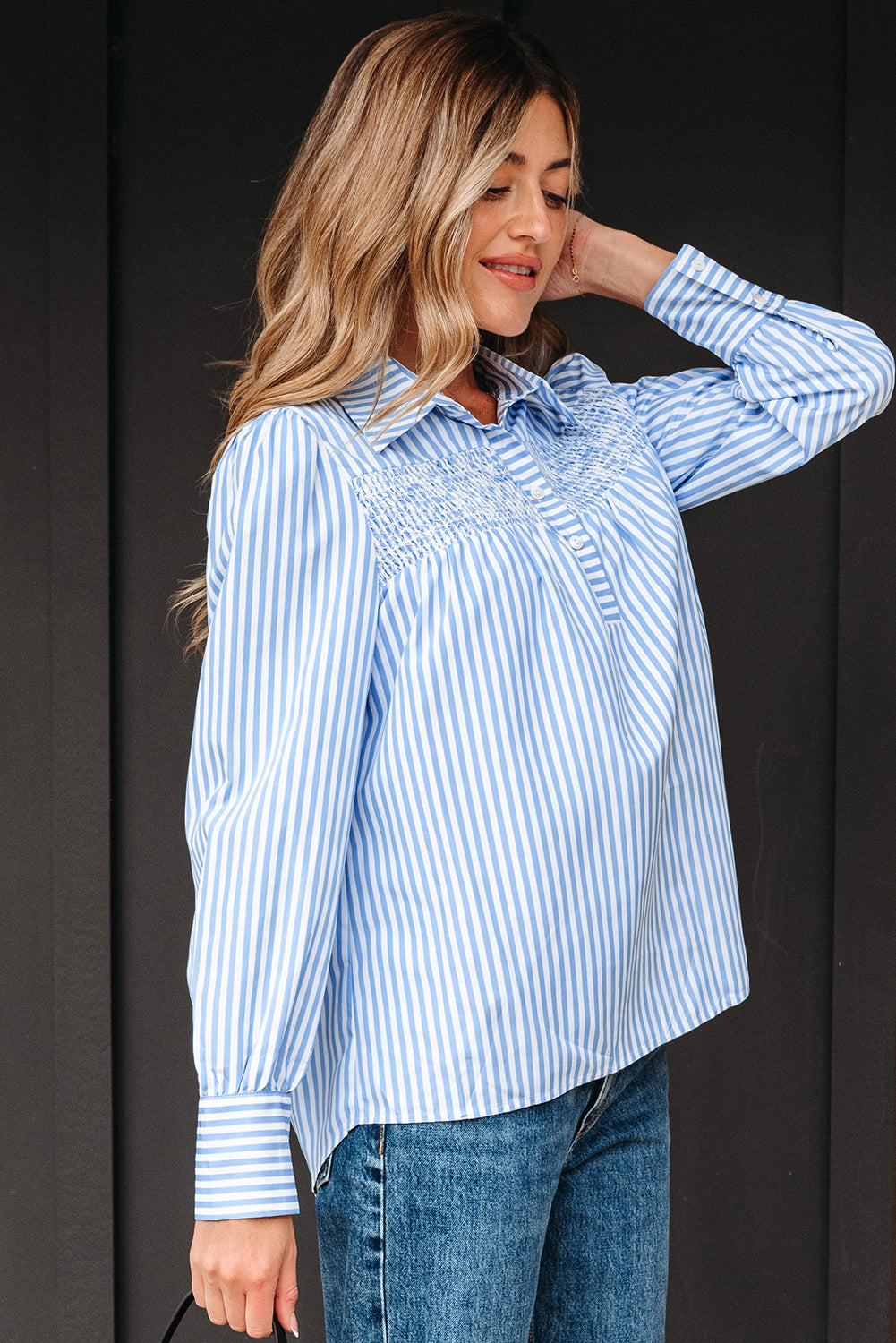 Sky Blue Stripe Shirred Detail Half Placket Collared Long Sleeve Fall Shirt