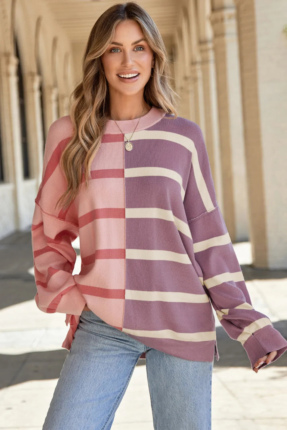 Pink Stripe Colorblock Oversized Sweater - Chic Meadow Boutique 