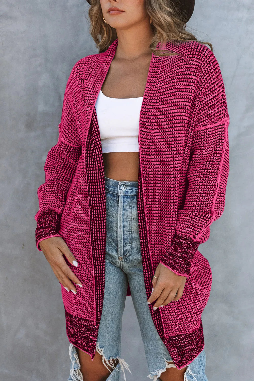 Rose Plaid Knitted Long Open Front Cardigan - Chic Meadow Boutique 