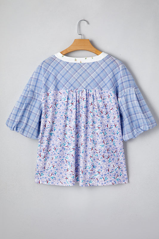 Beau Blue Color Block Plaid Bubble Sleeve Patchwork Blouse