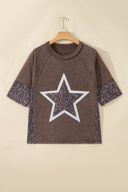 Coffee Mineral Wash Exposed Seam Leopard Star Patched T Shirt