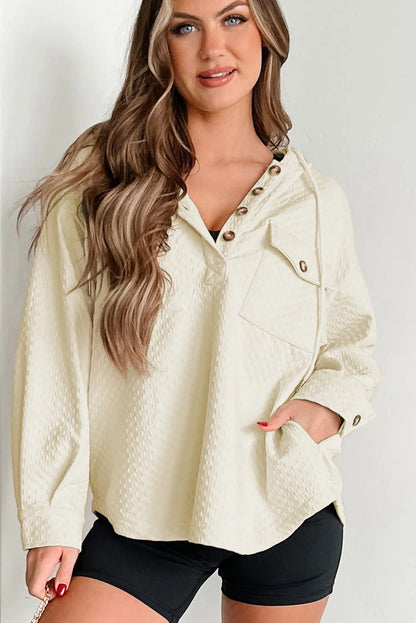 Apricot Textured Buttoned Neckline Side Pockets Hoodie - Chic Meadow Boutique 