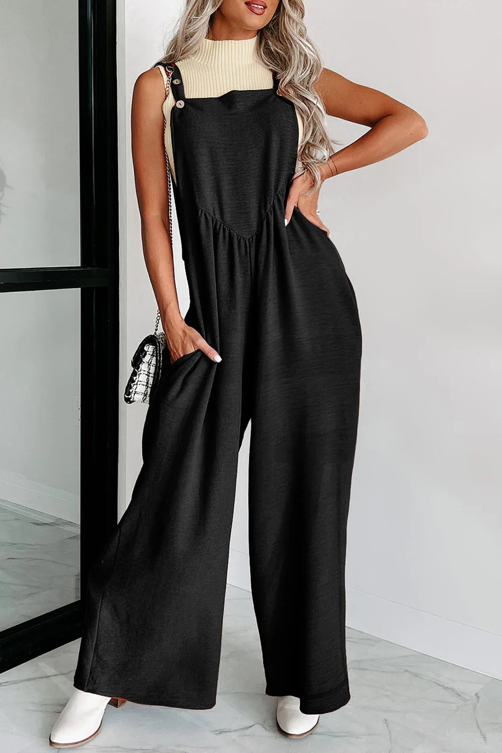 Black Textured Buttoned Straps Ruched Wide Leg Jumpsuit - Chic Meadow Boutique 