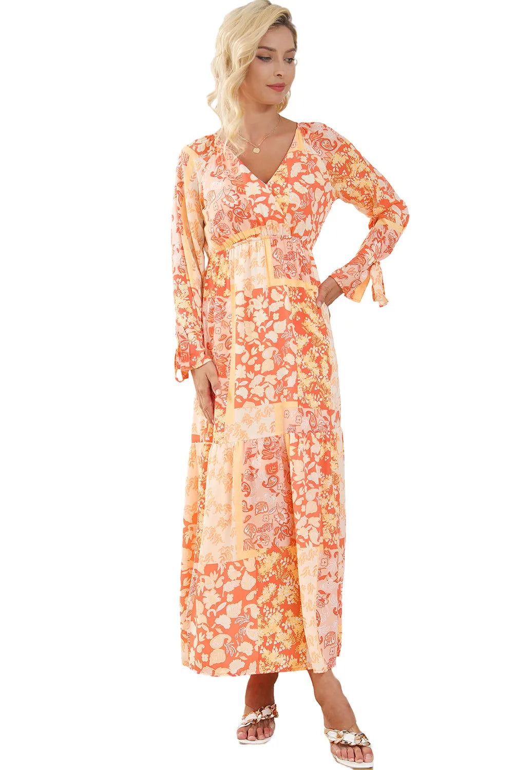 Orange Boho Floral Wrap V Neck Tie Long Sleeve Dress - Chic Meadow Boutique 