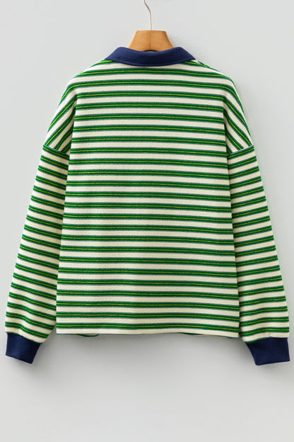 Dark Green Striped Print Contrast Collar Zip V Neck Long Sleeve Top