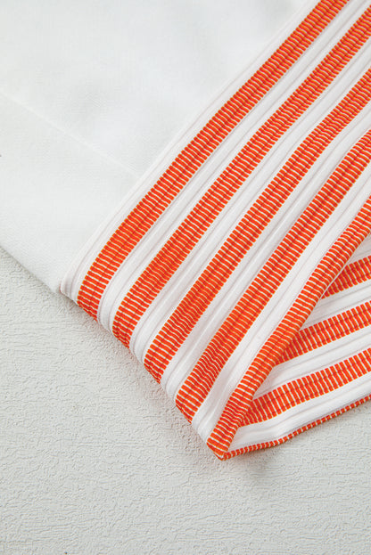 Orange Stripe V Neck Drop Shoulder Patchwork Long Sleeve Top