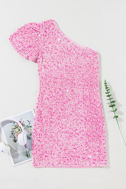 Pink Sequin One Shoulder Puff Sleeve Bodycon Mini Dress - Chic Meadow Boutique 