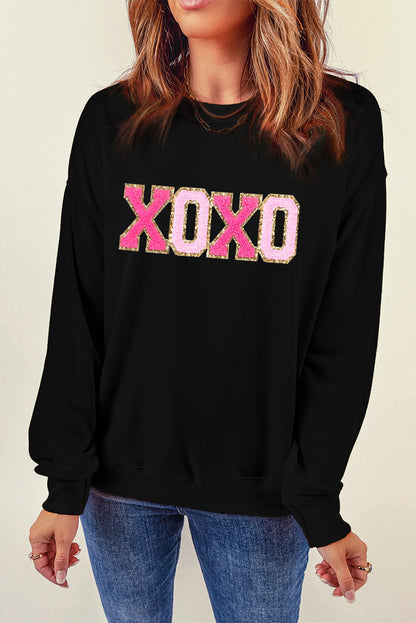 Black Chenille XOXO Patched Drop Shoulder Valentines Pullover Sweatshirt