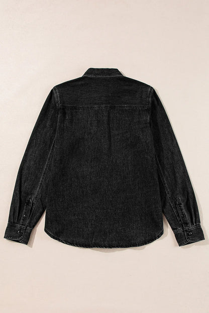 Black Flap Pocket Buttons Collared Jean Jacket - Chic Meadow Boutique 