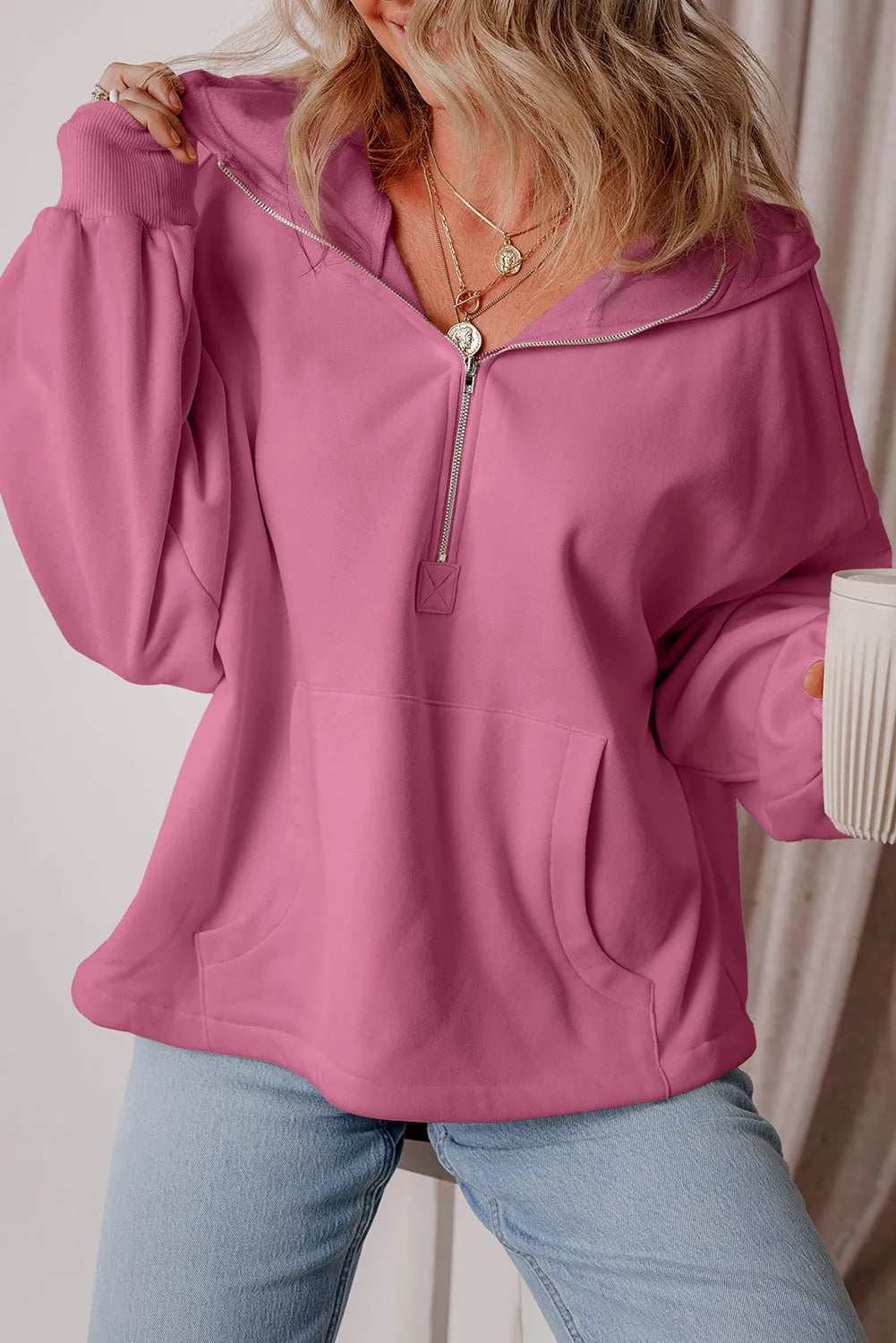 Valerian Fleece Lined Half Zipper Kangaroo Pockets Loose Hoodie - Chic Meadow Boutique 