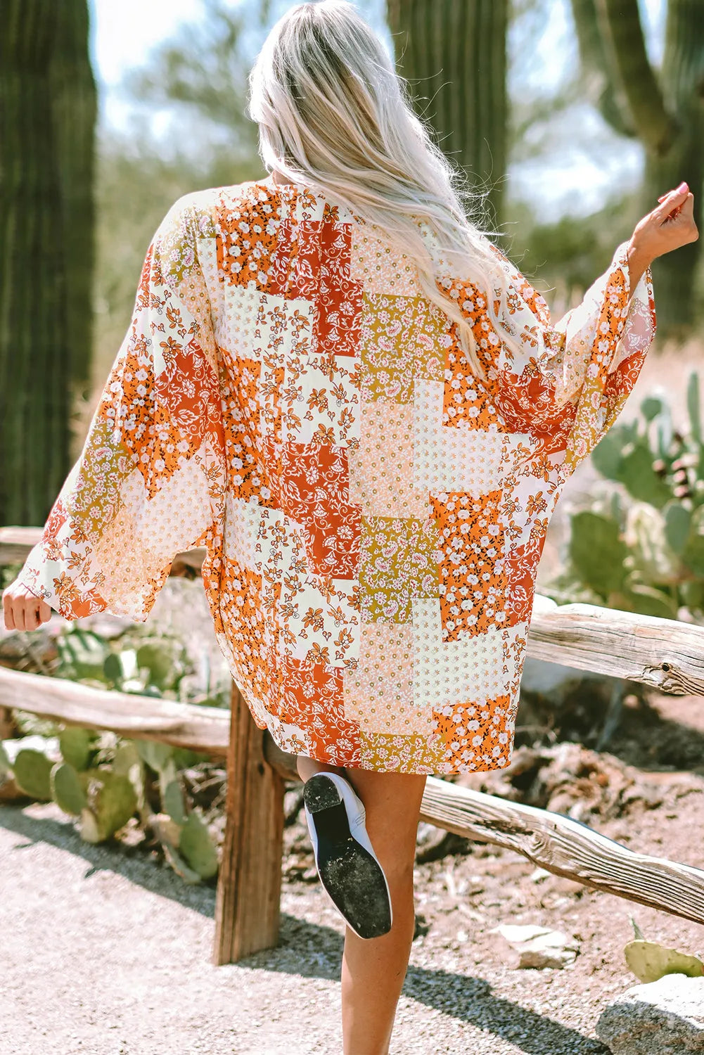 White Boho Patchwork Floral Open Front Kimono - Chic Meadow Boutique 