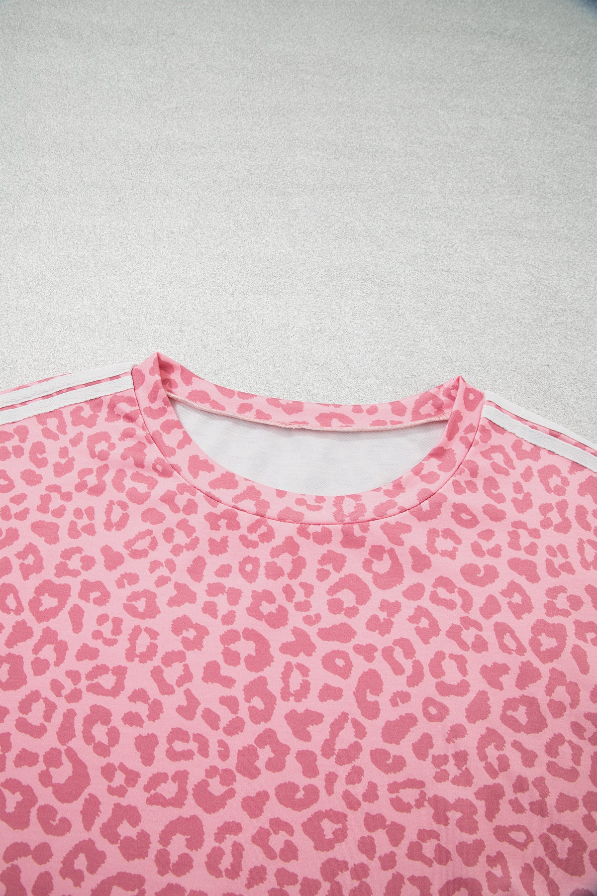 Pink Leopard Print Varsity Striped Detail 3/4 Sleeve Top Shift Pant Set