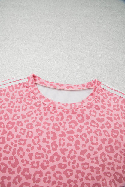 Pink Leopard Print Varsity Striped Detail 3/4 Sleeve Top Shift Pant Set