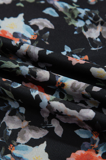 Black Floral Print Mesh Long Sleeve Stand Neck Pullover Top