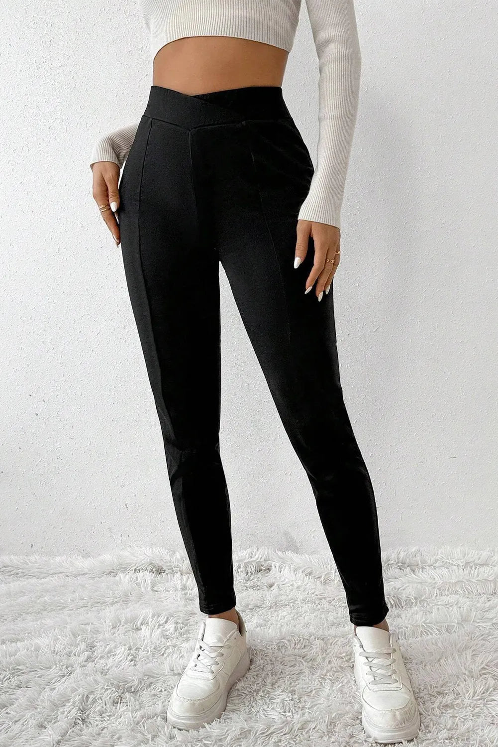 Black Crossed Waist Seamed Leg Thermal Leggings - Chic Meadow Boutique 