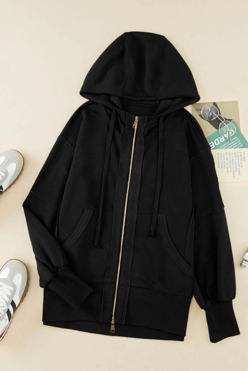 Black Raw Edge Exposed Seam Full Zip Hoodie - Chic Meadow Boutique 