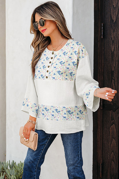 Sky Blue Floral Print Gauze Patchwork Henley Button 3/4 Sleeve Blouse