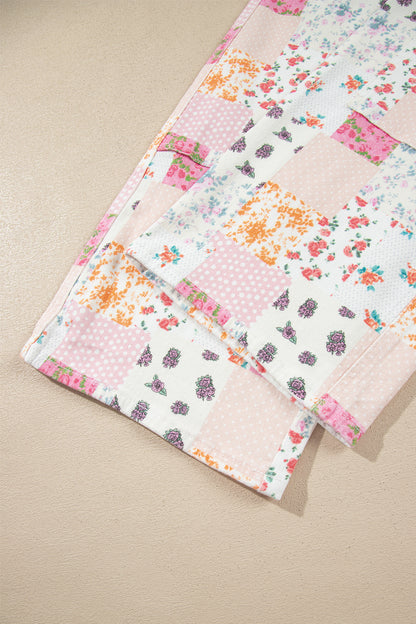 Pink Floral Patchwork Wide Leg Full Length Jeans