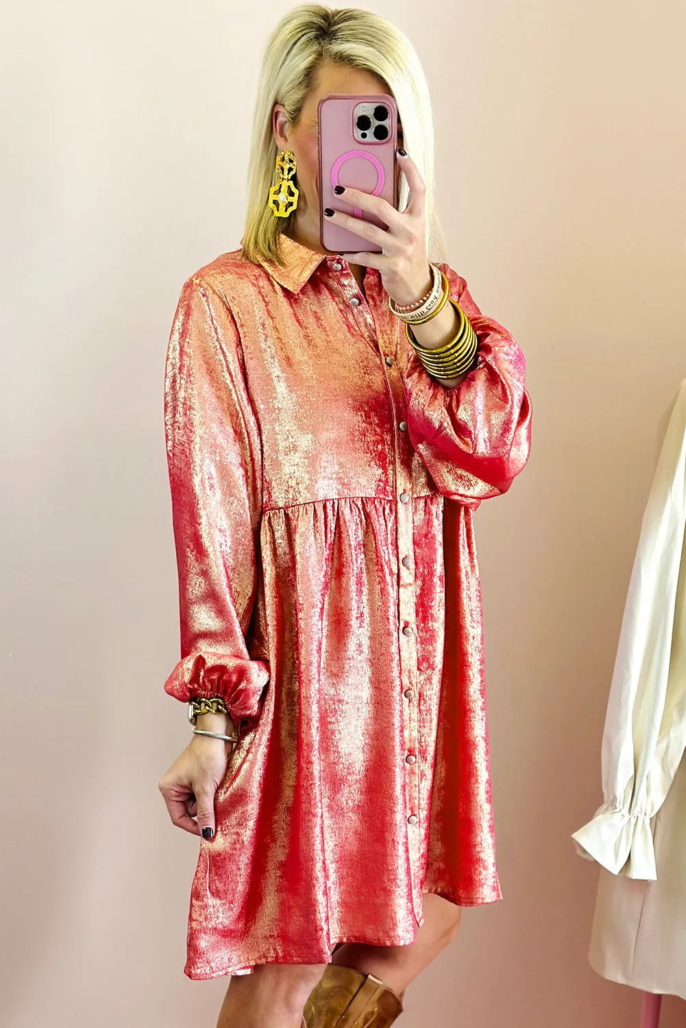 Peach Blossom Metallic Sheen Puff Sleeve Button Up Mini Shirt Dress - Chic Meadow Boutique 