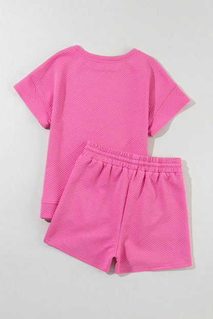 Strawberry Pink 2pcs Solid Textured Drawstring Shorts Set - Chic Meadow Boutique 